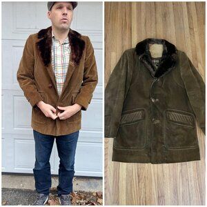 1970s men's vintage corduroy jacket, faux fur collar and leather buttons, AS IS